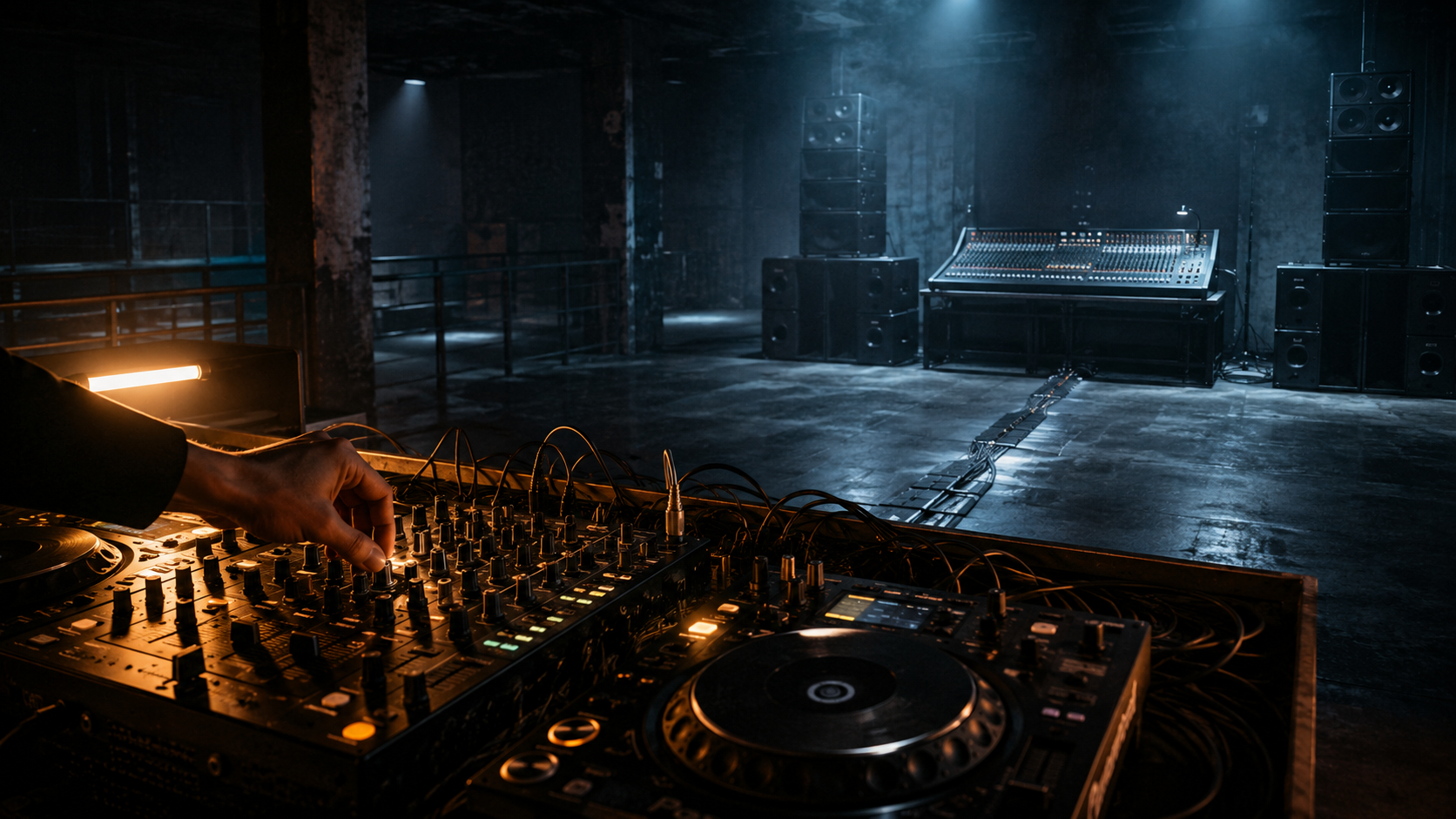 two mixers in one frame, side by side — a cluttered, knob-and-fader-heavy DJ mixer (busy, mid-motion) and a static, set-and-forget house PA console — the