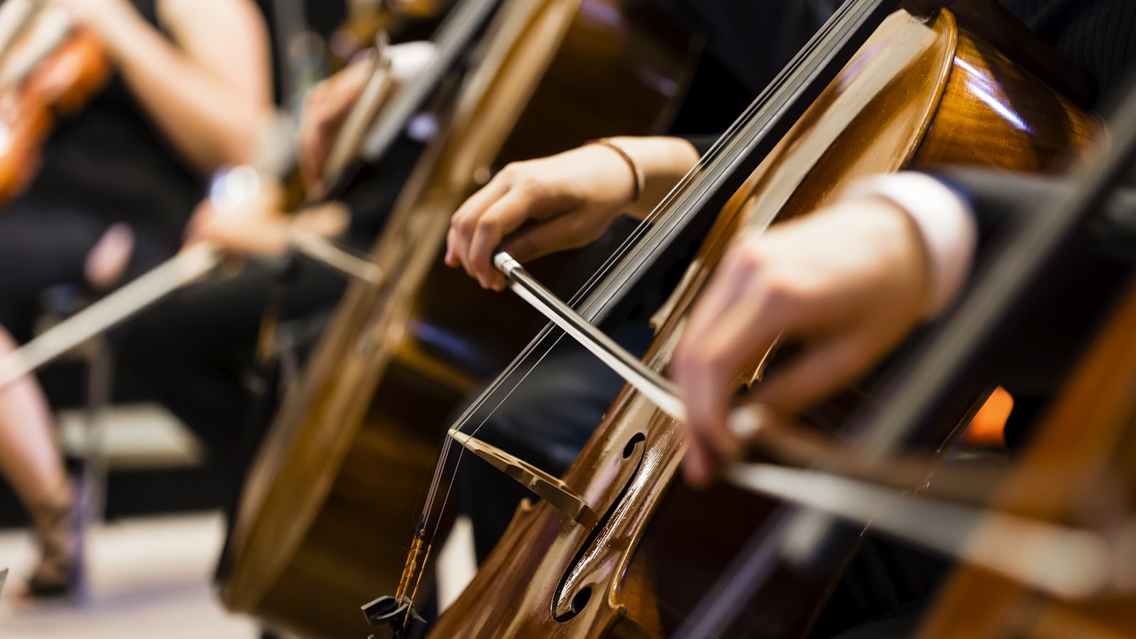 orchestra string section, many bows, in motion