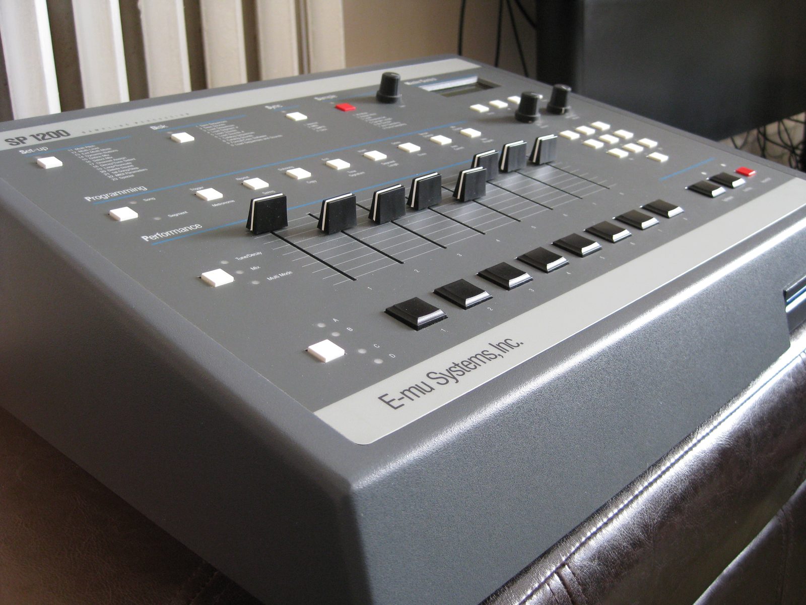The E-mu SP-1200, a 12-bit sampling drum machine and sequencer, front panel