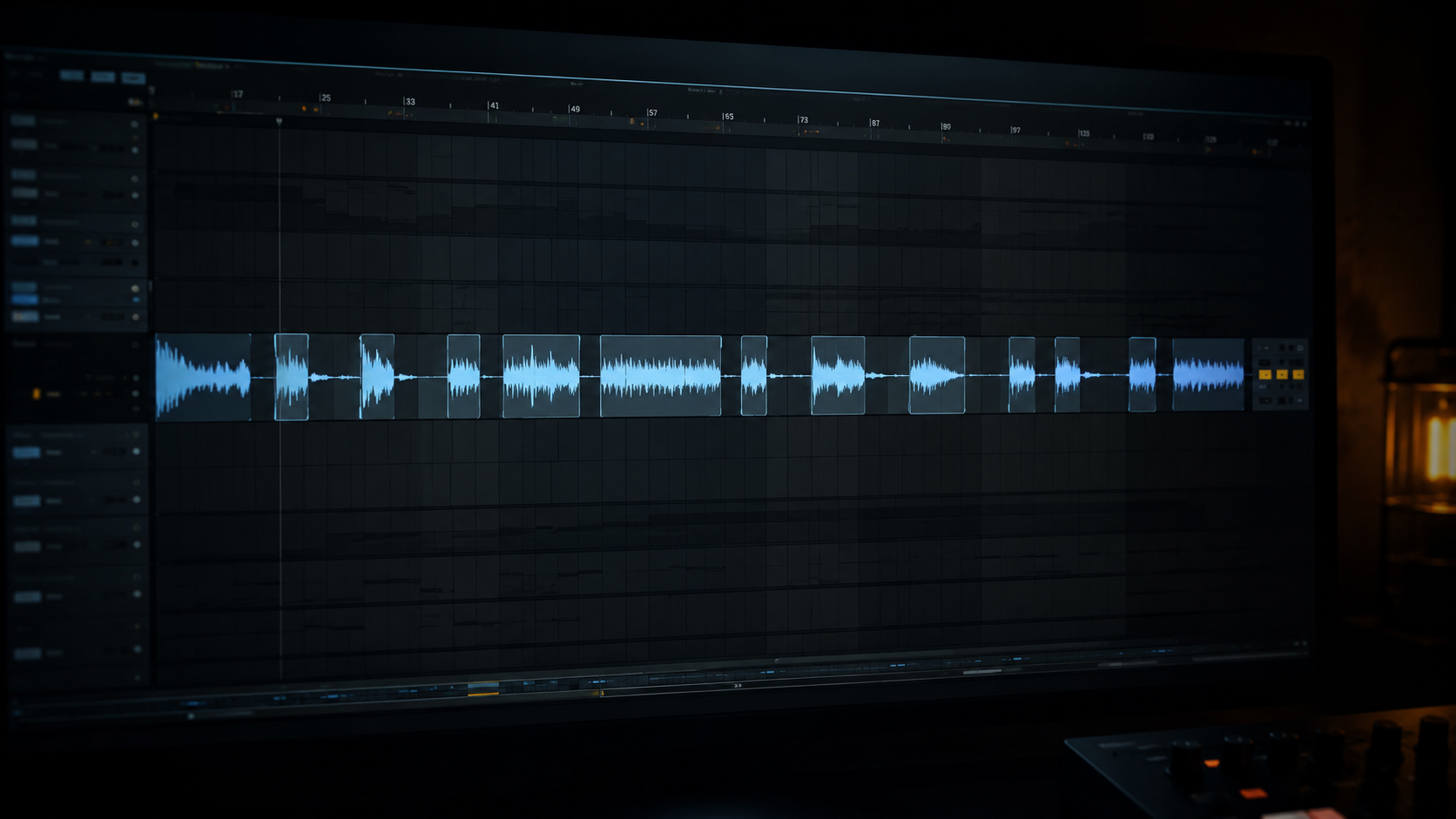 A DAW arrangement view with a rendered audio clip sliced into out-of-order fragments, lit only by the screen