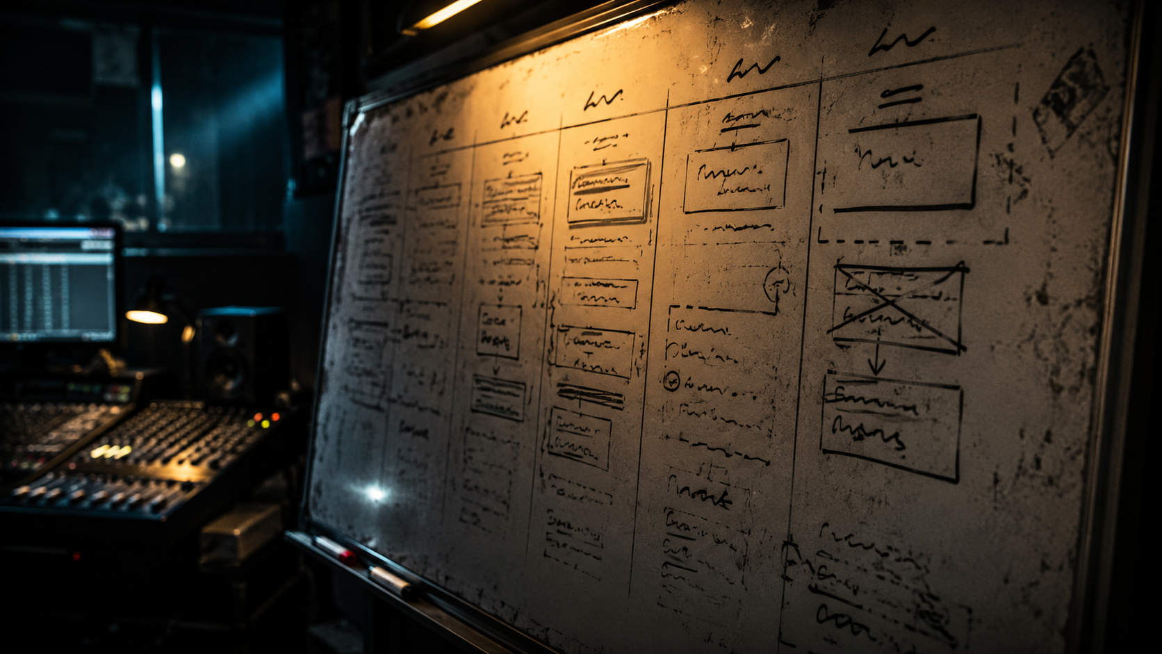 a worn studio whiteboard / wall calendar, the week blocked out by hand — Mon/Tue sound design, Wed compose, Thu mix, Fri master — marker ink, smudges, a couple of crossed-out boxes; the schedule is the hero, gear pushed out of focus or out of frame